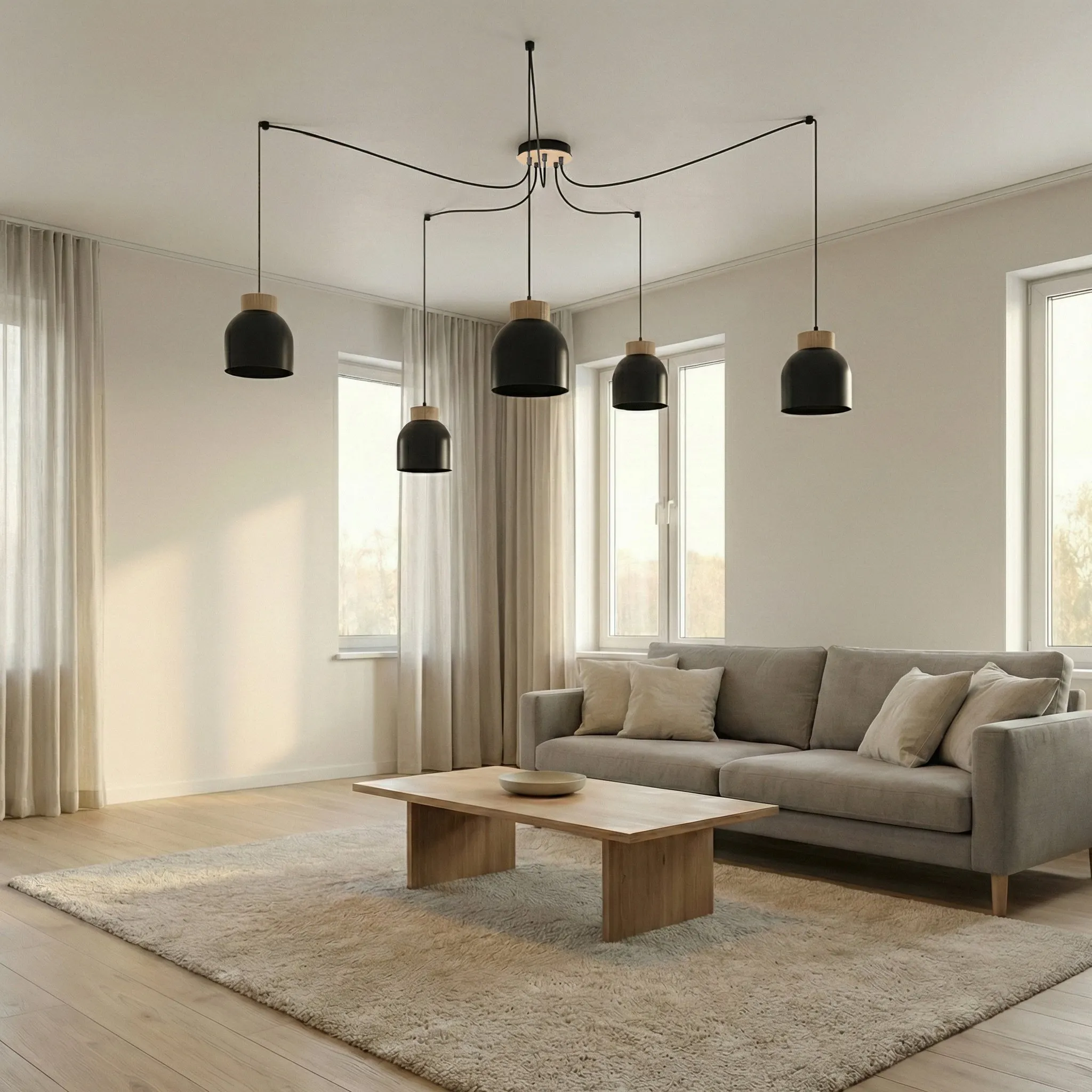 lampa wisząca, kinkiety, czarne klosze, stół drewniany, sofa szara