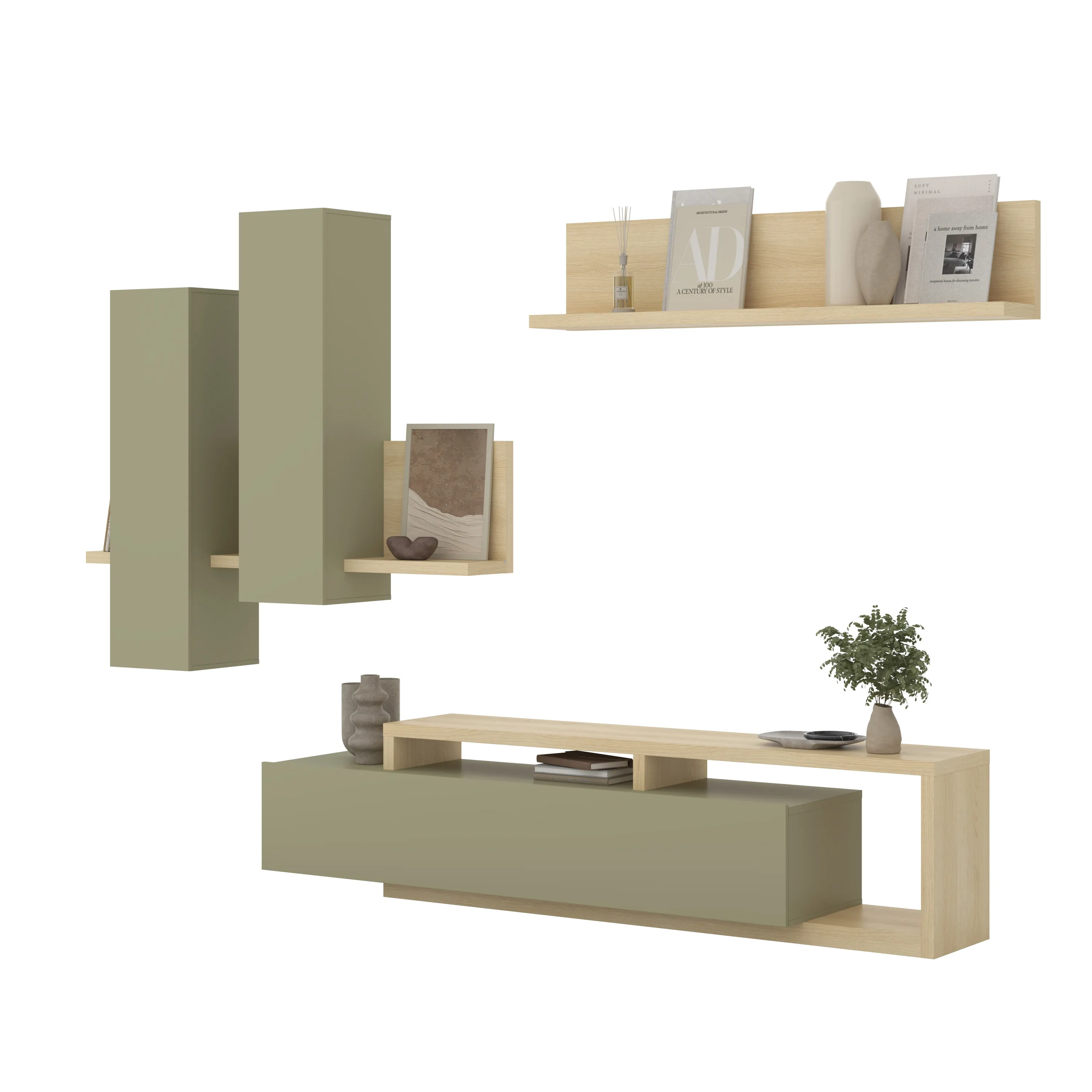 meble-wyspowe, regał-z-półkami, zielony-kolor, drewniane-wykończenia, korpus-płaski