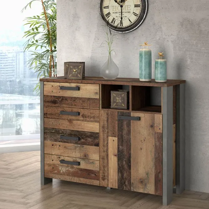 Komoda CLIF 1-drzwiowa z 4 szufladami i wnękami - old wood vintage, beton - CLFK221-C546