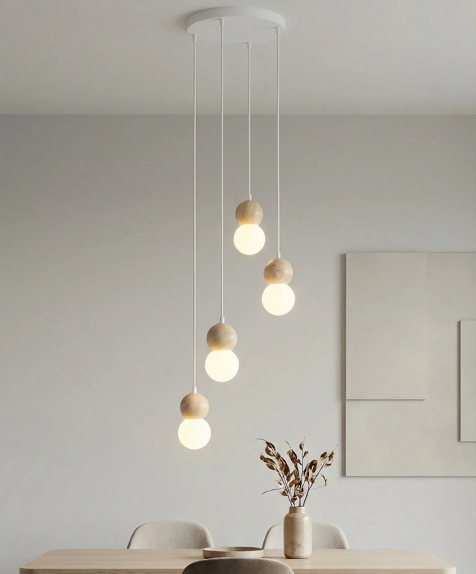 lampa wisząca, kule LED, oświetlenie sufitowe, design skandynawski, drewniane elementy