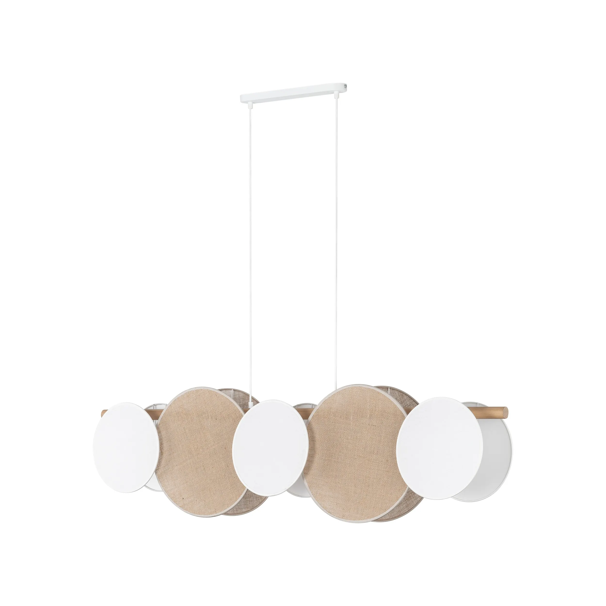 Lampa wisząca PULSE biała na drewnianej listwie klosze biało brązowe 126x115x15cm - TK_4815