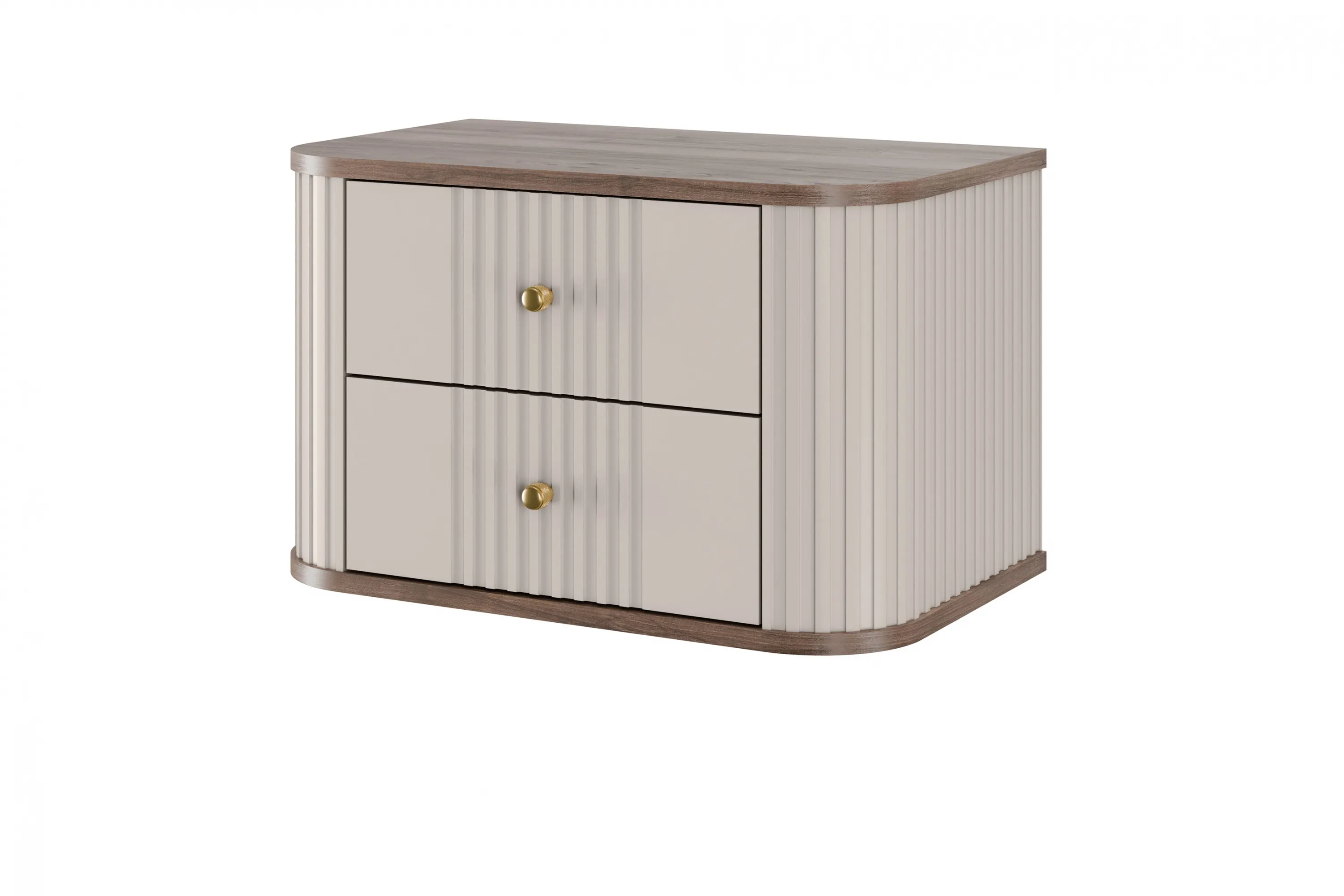 Szafka nocna wisząca z 2 szufladami VESPER 56 zestaw 2 sztuk ryflowany front cashmere orzech złote uchwyty - B_163840