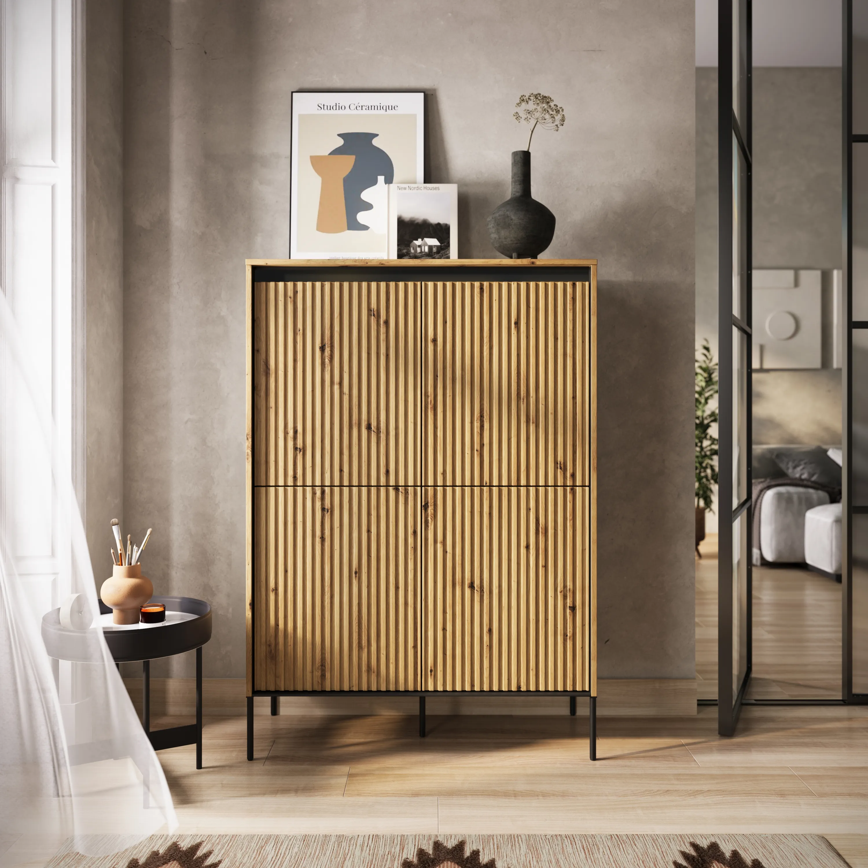 Wysoka komoda z oświetleniem TREND TR-03 4D ryflowana dąb artisan/czarny - TR3DAC-V2