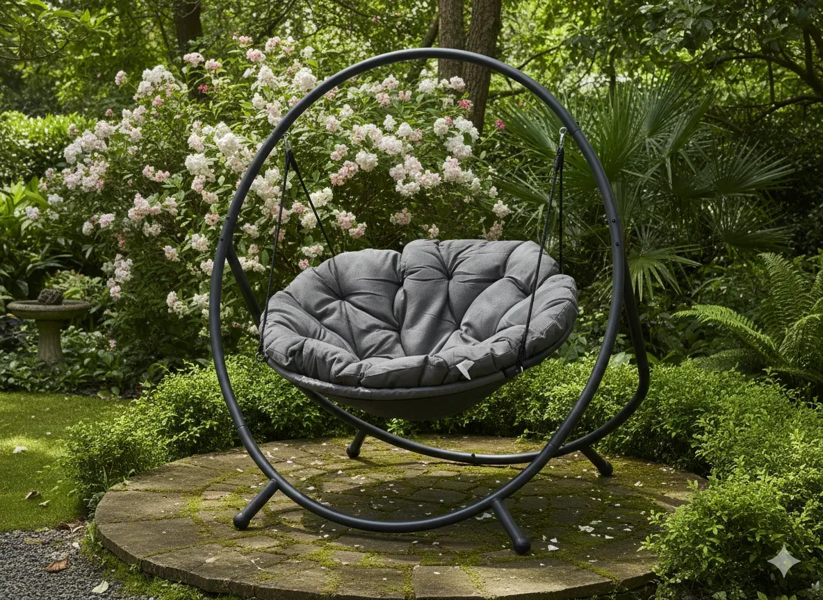 Fotel wiszący PATIO 115x140x167- ciemnoszara poduszka szara rama - FAT9934