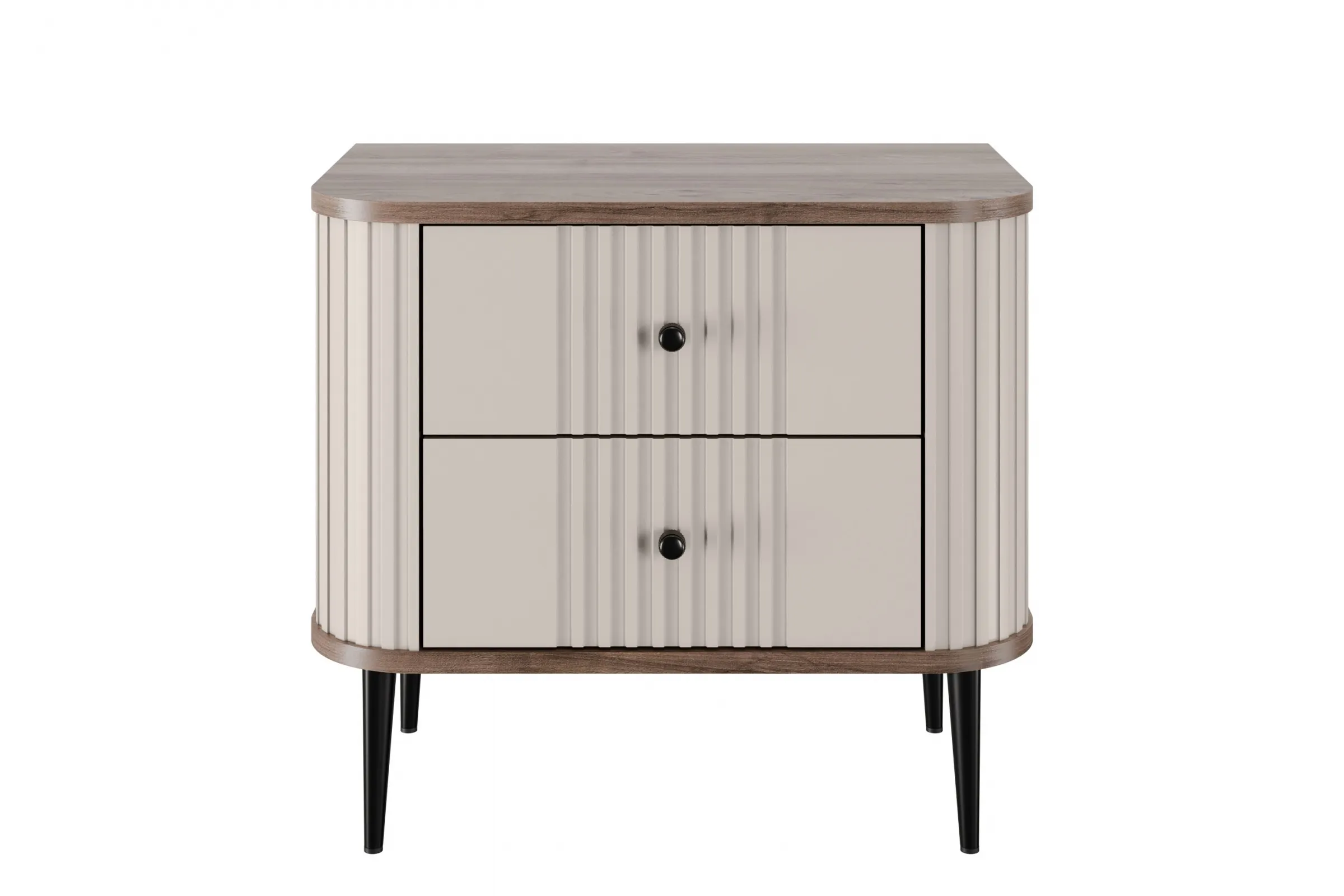 Szafka nocna z 2 szufladami VESPER 56 zestaw 2 sztuk ryflowany front cashmere orzech czarne nogi - B_163837