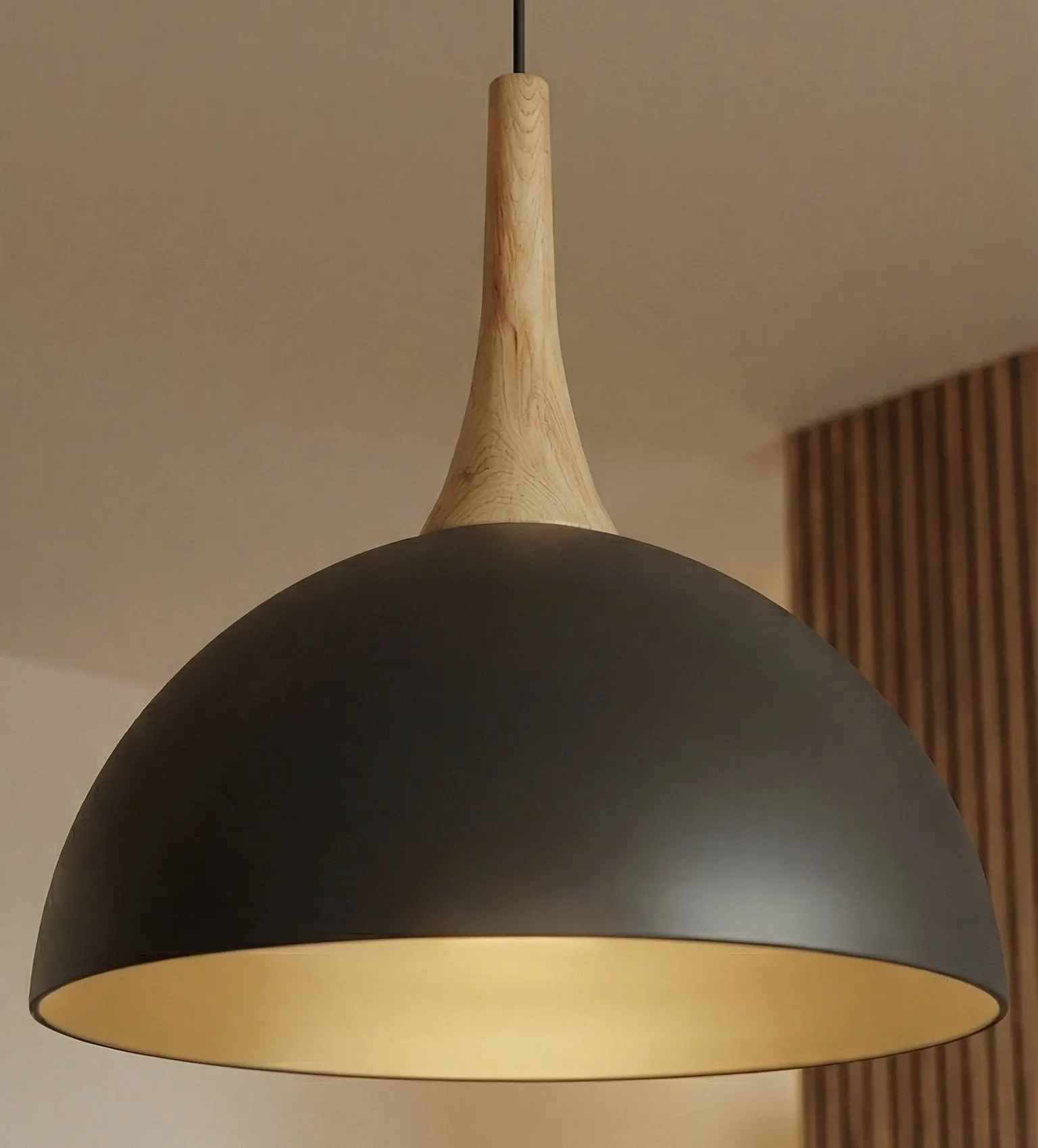 image lampa wisząca, korpus czarny, drewniana oprawa, stalowy zacisk, kolor czarny