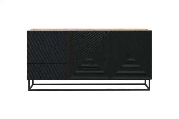 Komoda 2-drzwiowa z 3 szufladami ASHA 167 - czarny mat - dąb artisan - czarny stelaż - ryflowany front - B_149615