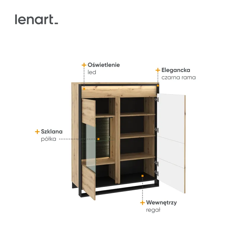 Niska witryna 2-drzwiowa LED Quant QA-06 dąb artisan/czarna - QA6DAC