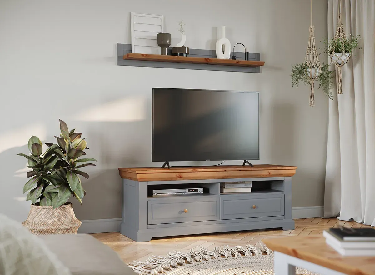 Szafka RTV drewniana z 2 szufladami ELITE MARONE popielata - PLMEL09/S