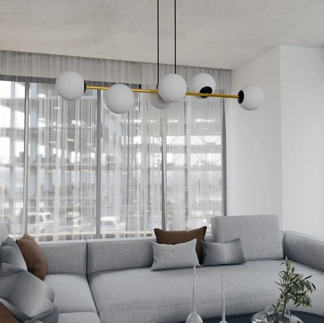lampa wisząca, kule, metalowy element, salon, sofa narożnik
