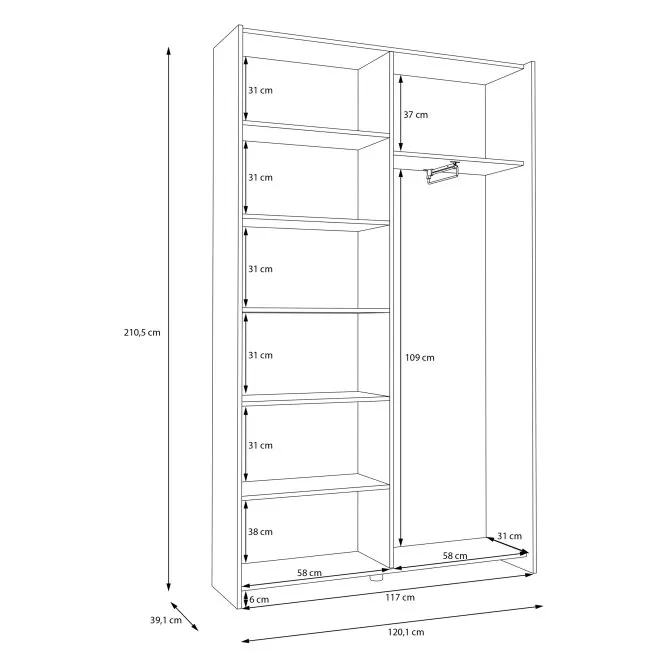 Szafa 2-drzwiowa HOME NOOK drążek i półki drzwi przesuwne 120cm biała - HMNS62232-120