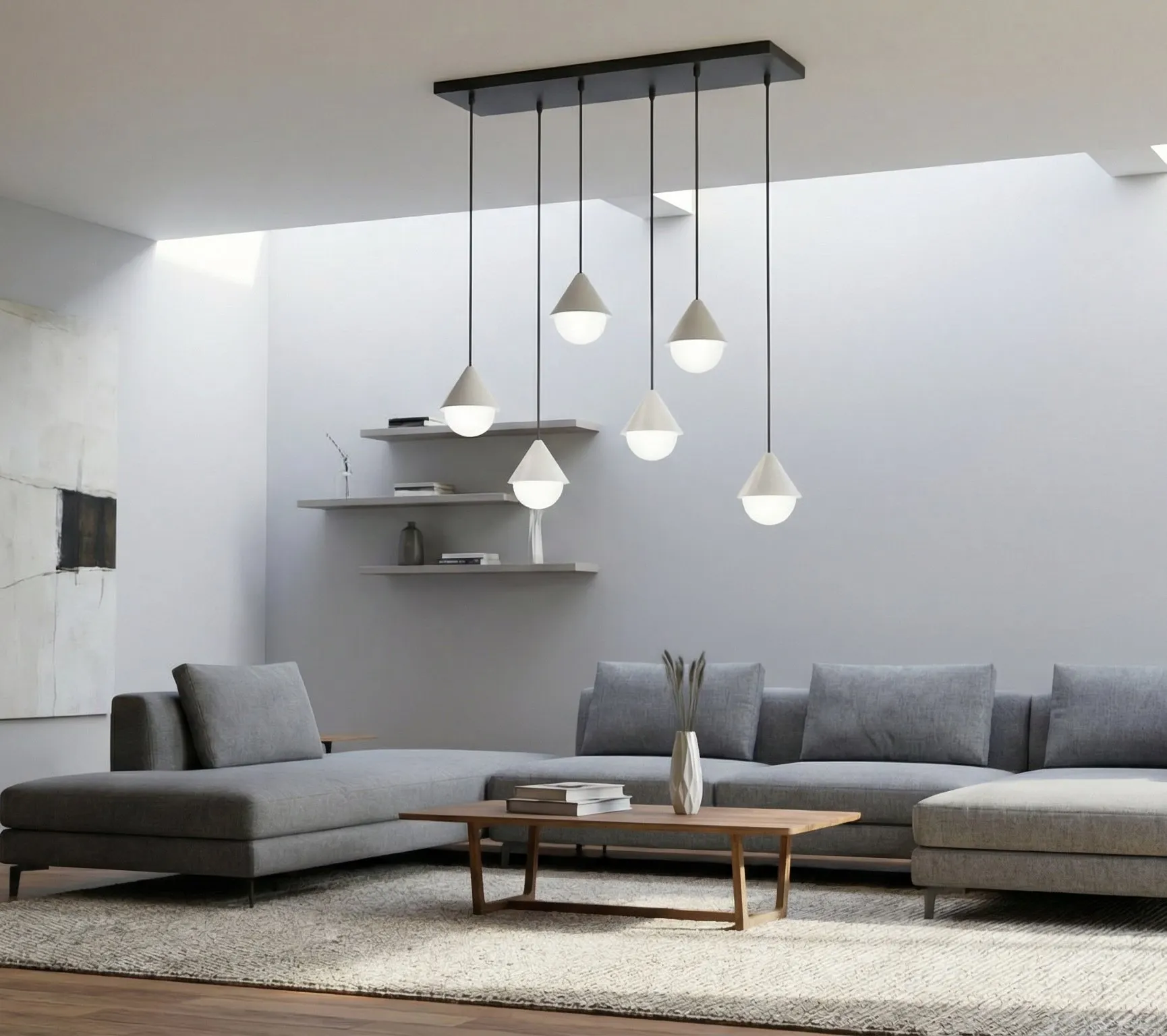 image lampa wisząca, kule świecące, zestaw zawieszek, salonowy plafon, kolor neutralny