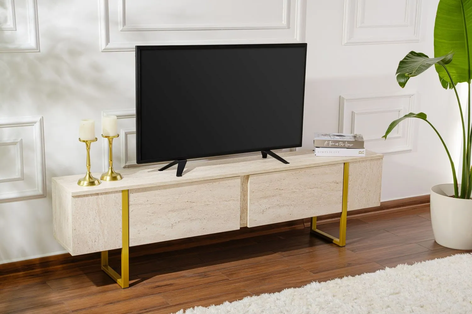 Szafka RTV 2-drzwiowa SERENITY 180 cm trawertynowa złoty stelaż
