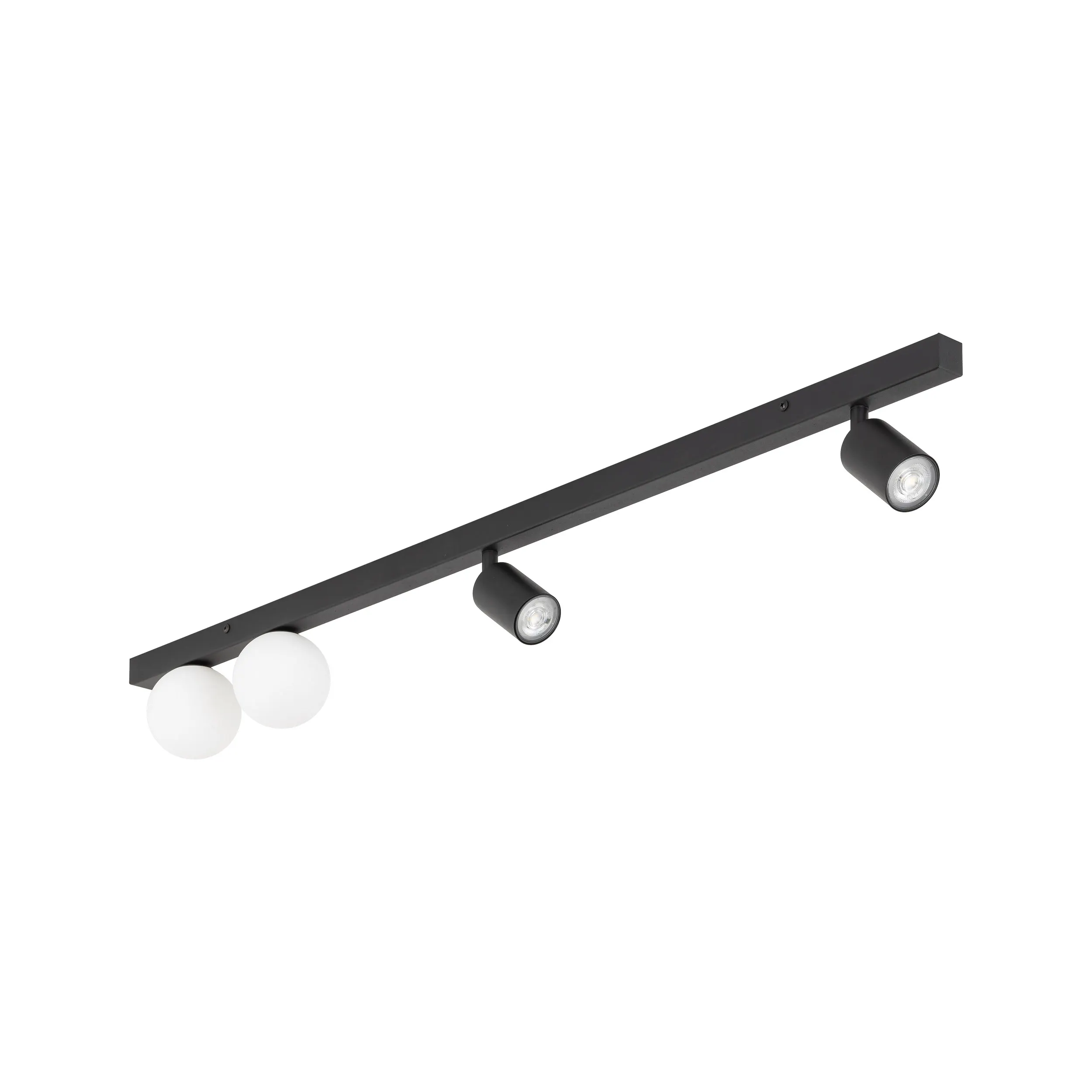 Lampa sufitowa VOX czarna z regulowanymi halogenami oraz białymi okrągłymi szklanymi kloszami 115x15x14cm