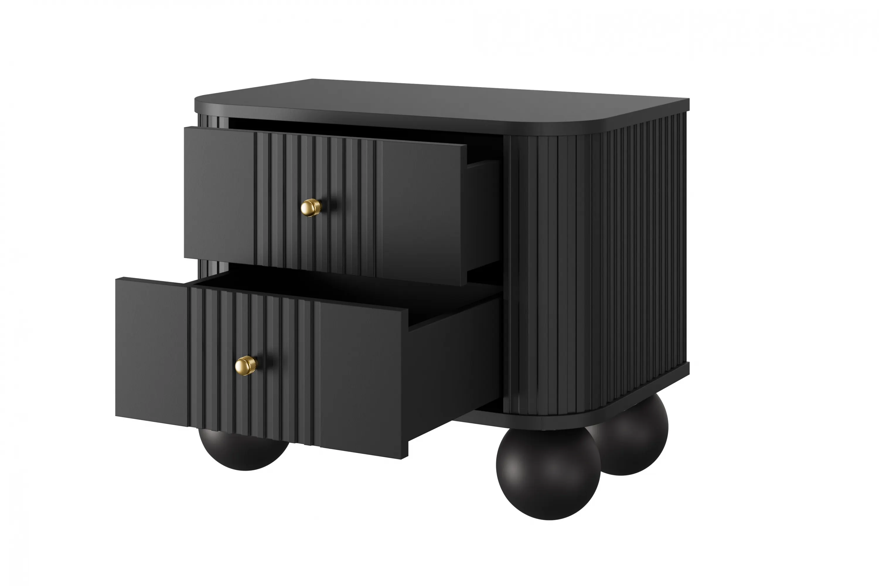 Szafka nocna z 2 szufladami VESPER 56 zestaw 2 sztuk ryflowany front czarny złote uchwyty nogi kule - B_163847