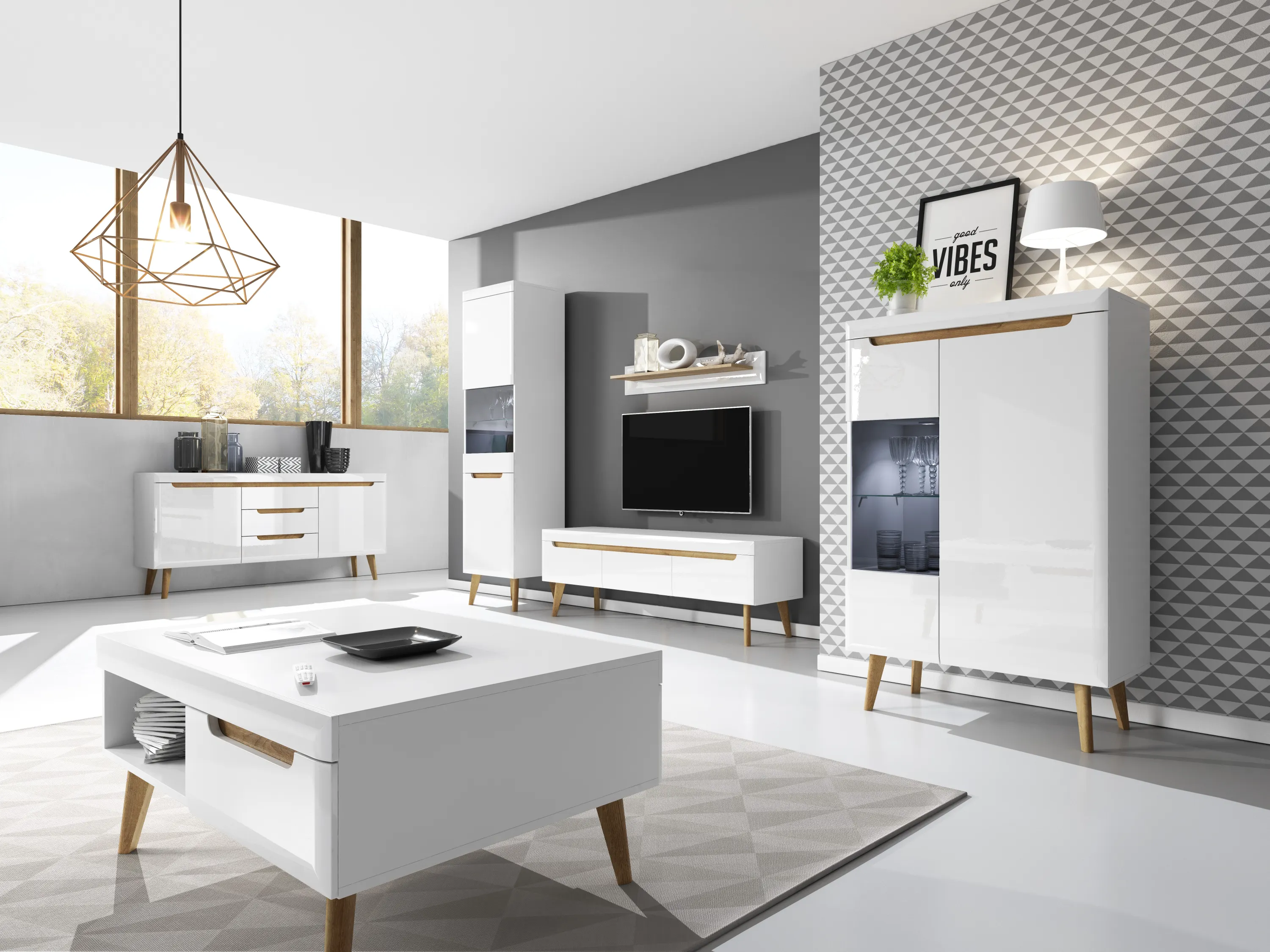 Komoda 2-drzwiowa z 3 szufladami NORDI Biały, Dąb Riviera - NORDI_NKSZ160_BPOLRIV