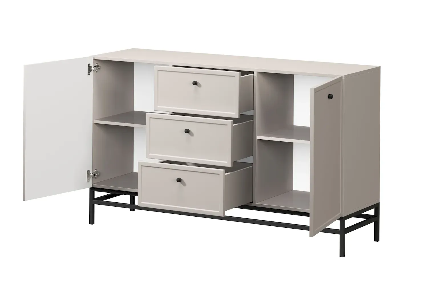 Komoda 2-drzwoiowa z 3 szufladami LORINI 150 - cashmere gałka czarna stelaż czarny - B_166767