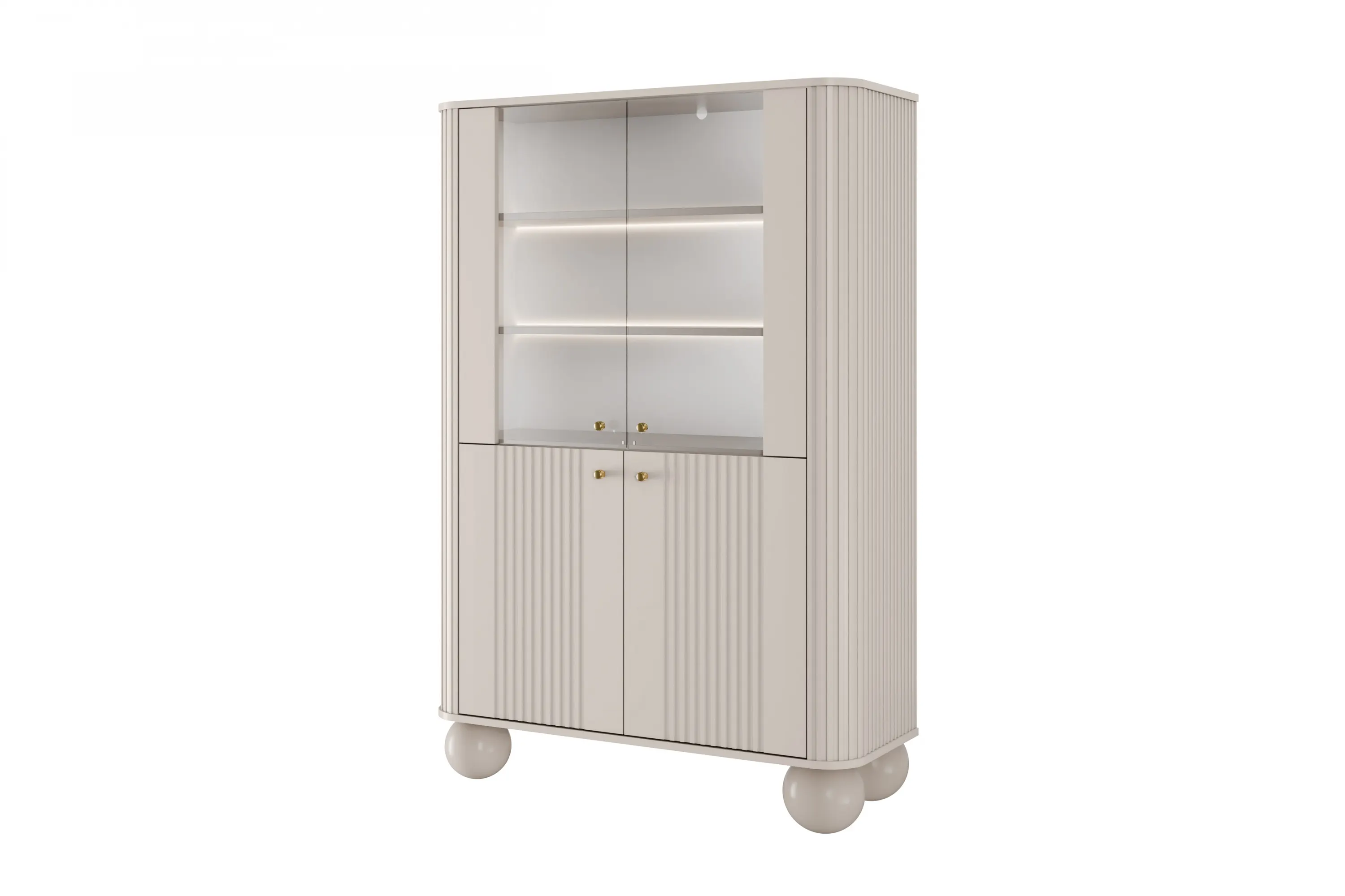 Witryna 4-drzwiowa z oświetleniem VESPER 103 ryflowany front cashmere złote uchwyty nogi kule