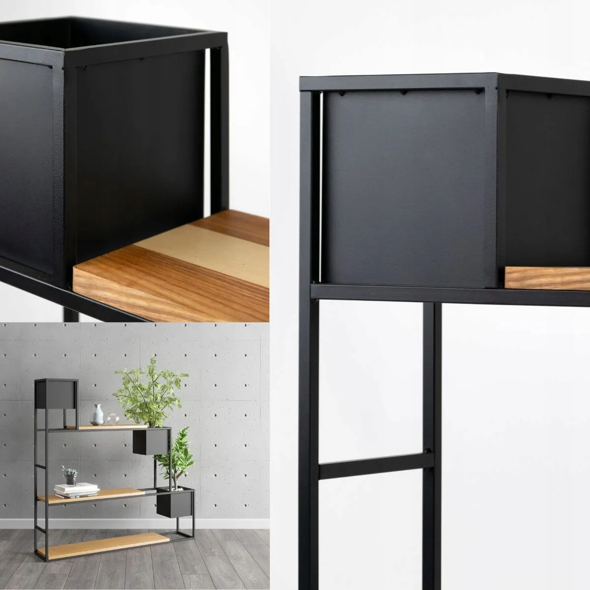 Kwietnik z regałem LYON S 90x23x90 metal drewno czarny naturalny - LD_TZ000051