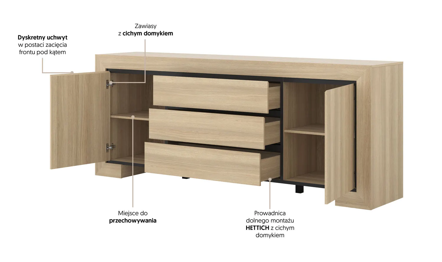 Komoda 2-drzwiowa z szufladami CUBA II 225 cm dąb samdal - 24DEOC25