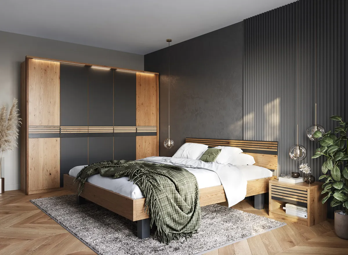 sypialnia, łóżko, meble drewniane, szafa, dywan