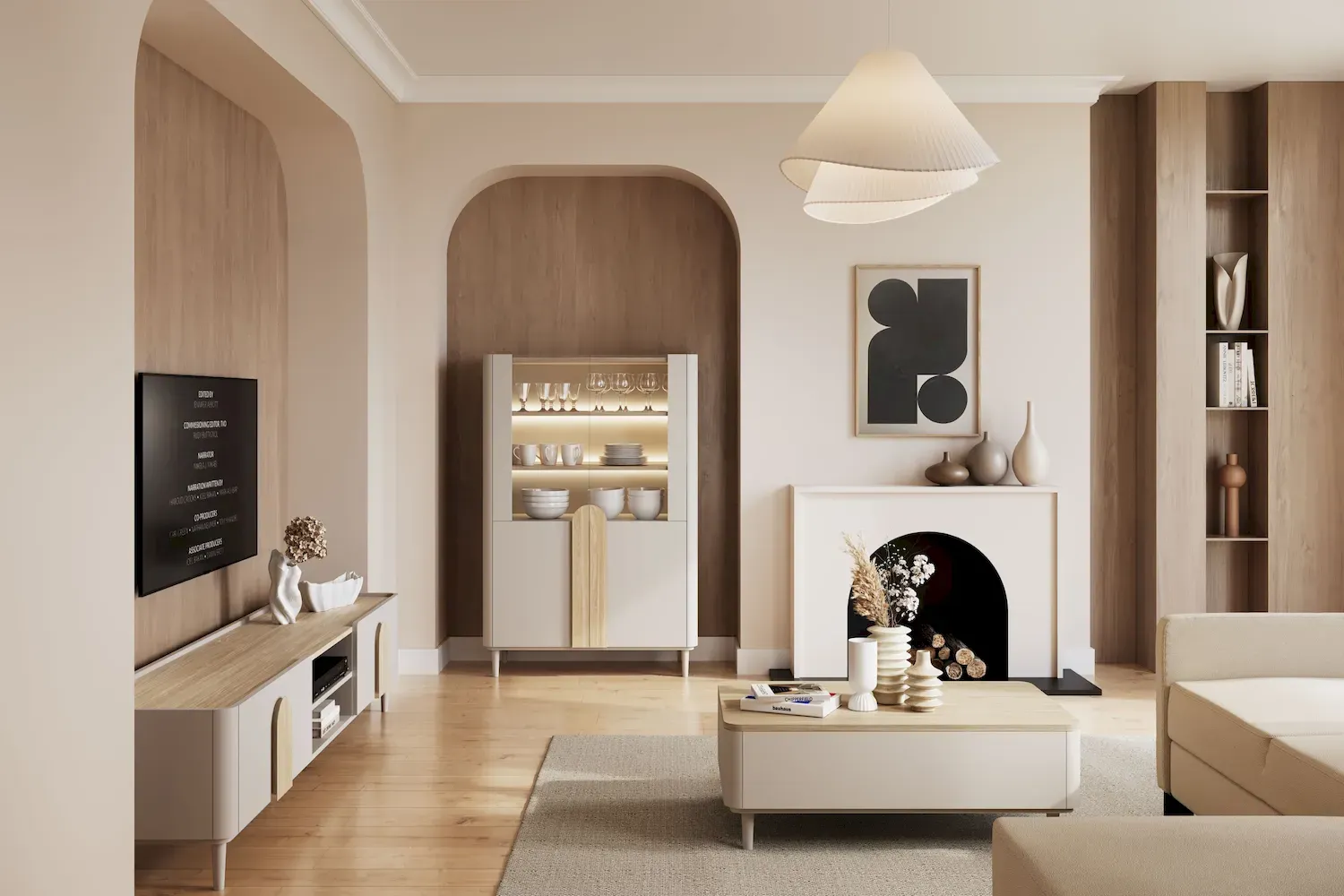 Safka RTV z klapą i szufladą AMILIO 220 - cashmere dąb olejowany uchwyty dąb jasny nogi cashmere - B_169218