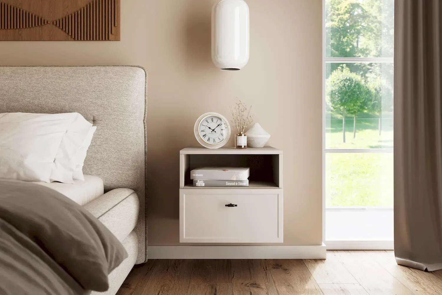 Szafka nocna wisząca z szuflada i półką LORINI 45 - cashmere uchwyt T-bar czarny - B_166699