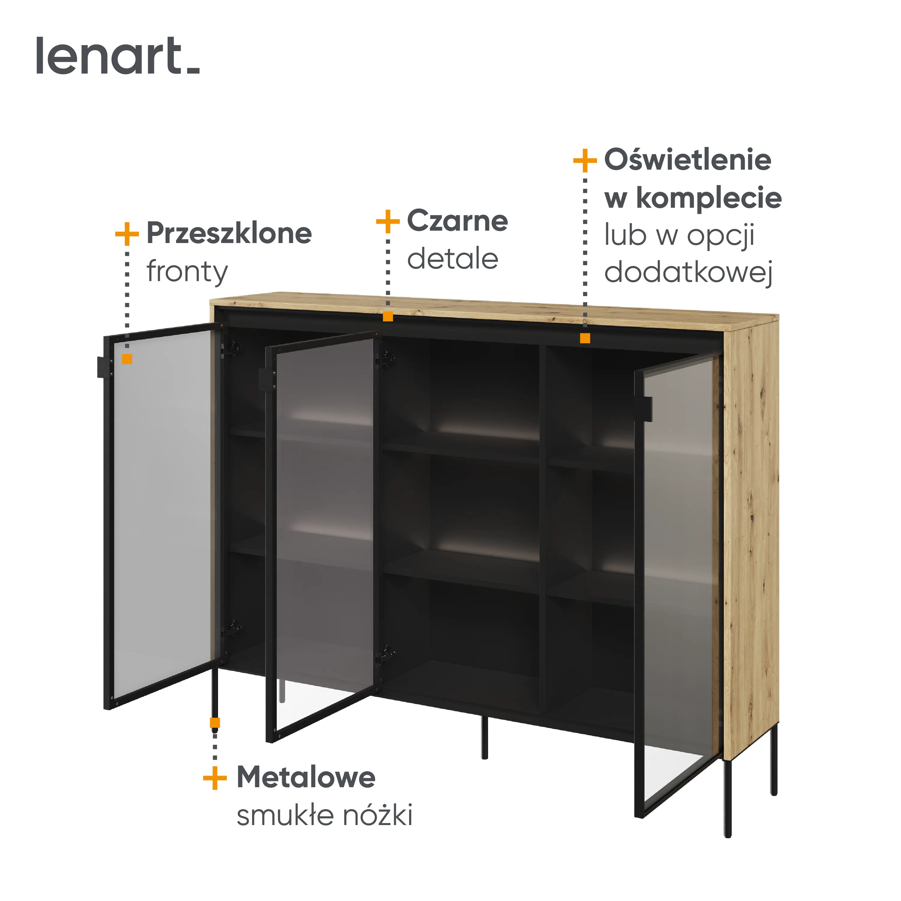 Niska witryna z oświetleniem TREND TR-083 3D dąb artisan/czarny - TR8DAC-V2