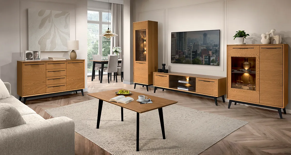 Szafka RTV LAZURE 25 2-drzwiowa z oświetleniem dąb karmelowy, czarny 180x55x42cm