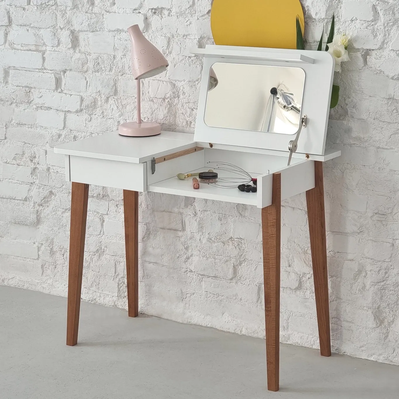 Toaletka z lustrem MEWISE 90x48cm biała kolor nóg dąb — zdjęcie 7