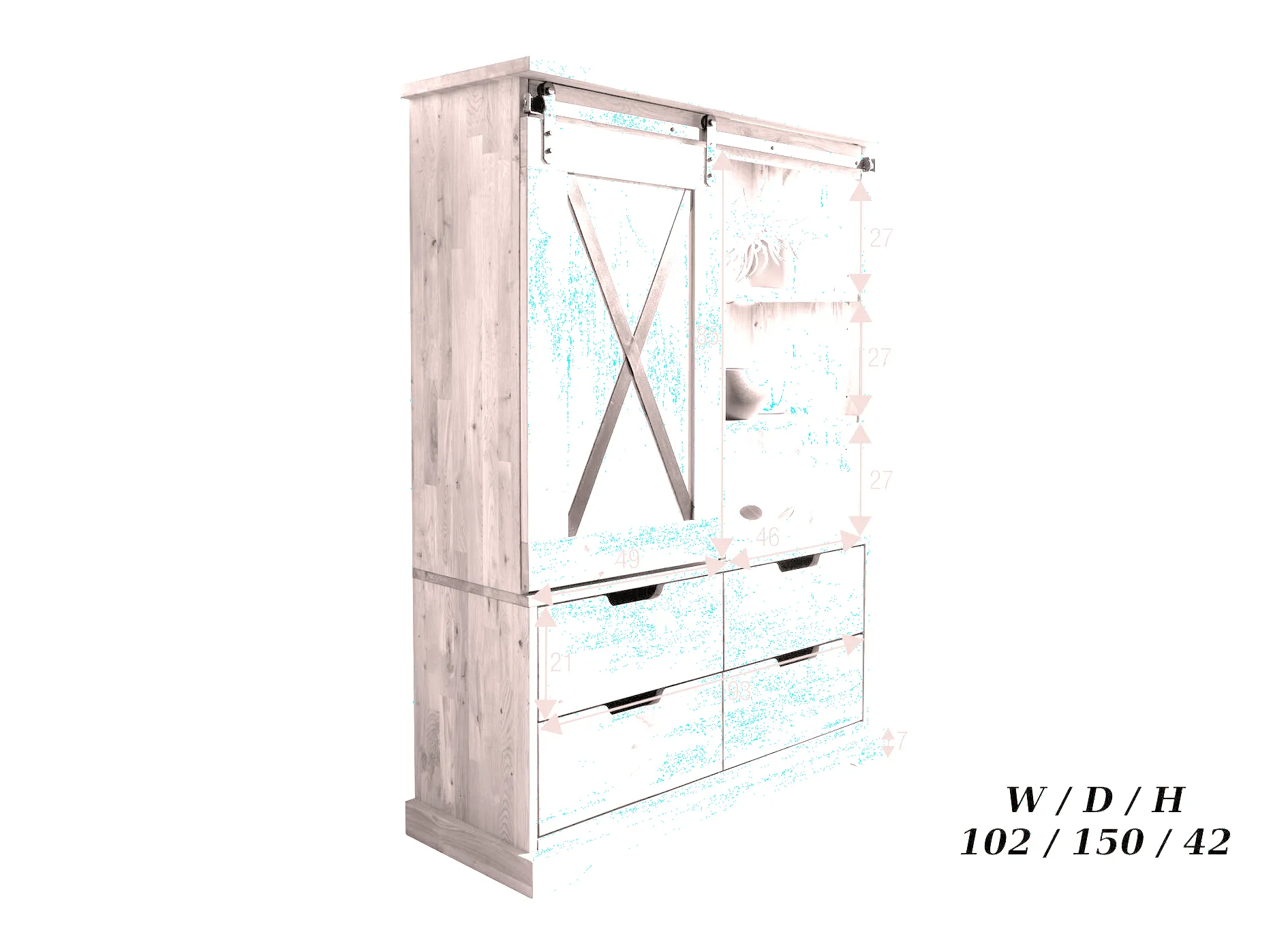 Witryna dębowa TIDY 102x152 z 4 szufladami, dąb olejowany - GK_1034240101