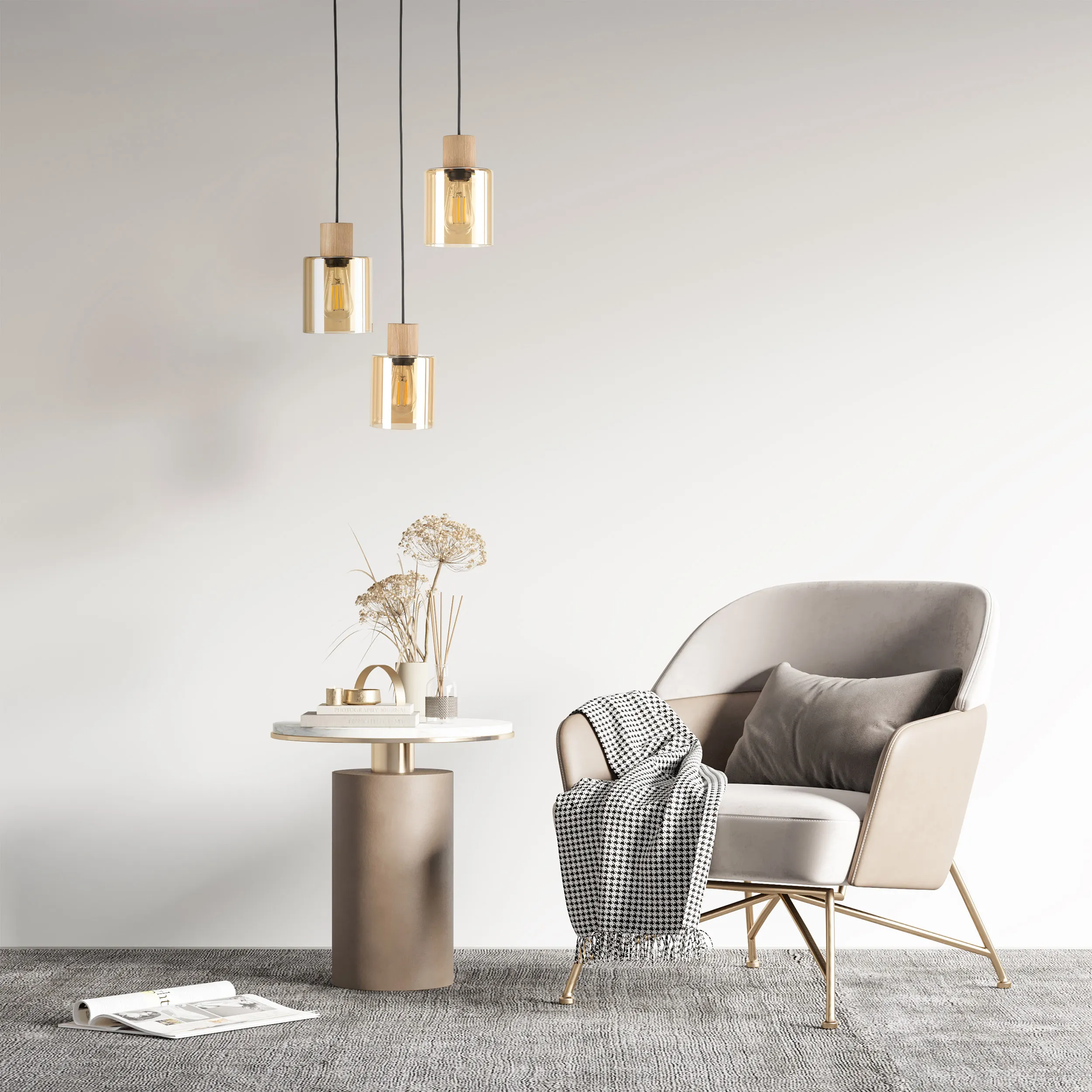 Lampa wisząca ORSON czarna z drewnianymi elementami bursztynowe okrągłe szklane klosze 95x36cm - TK_5749