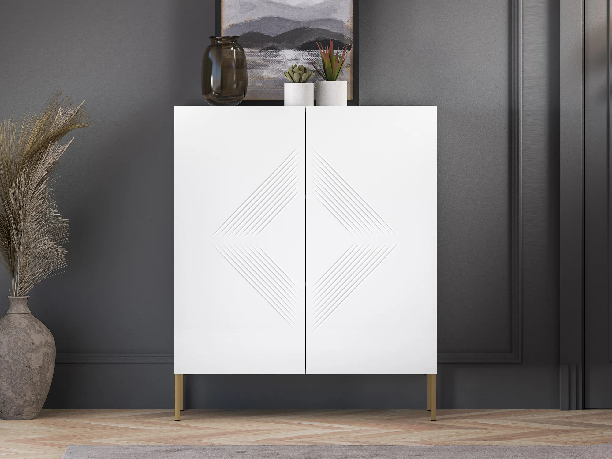 Komoda wysoka 2-drzwiowa CLEARING 01 biały alpejski, noga-złoty - 1CLEA01-001-04