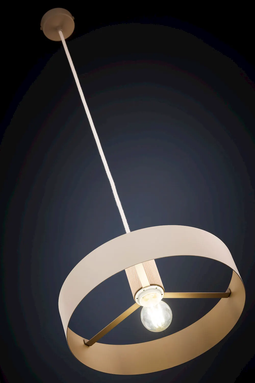 lampa wisząca, projekt okrągły, metalowy klosz, żarówka E27, złoty kolor