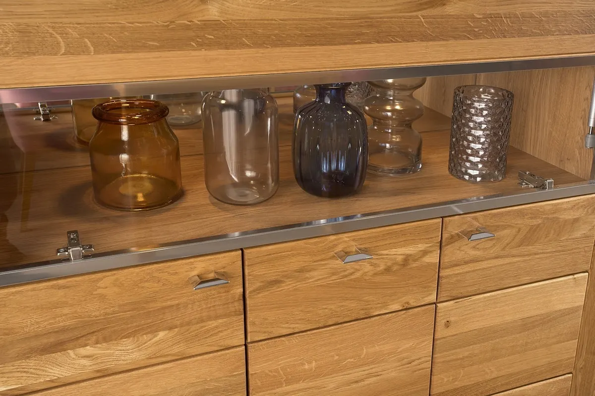 Witryna 3-drzwiowa LATINA 48 drewniana z barkiem i lustrem wewnątrz - dąb miodowy 134x126x42cm - TH-100-1475