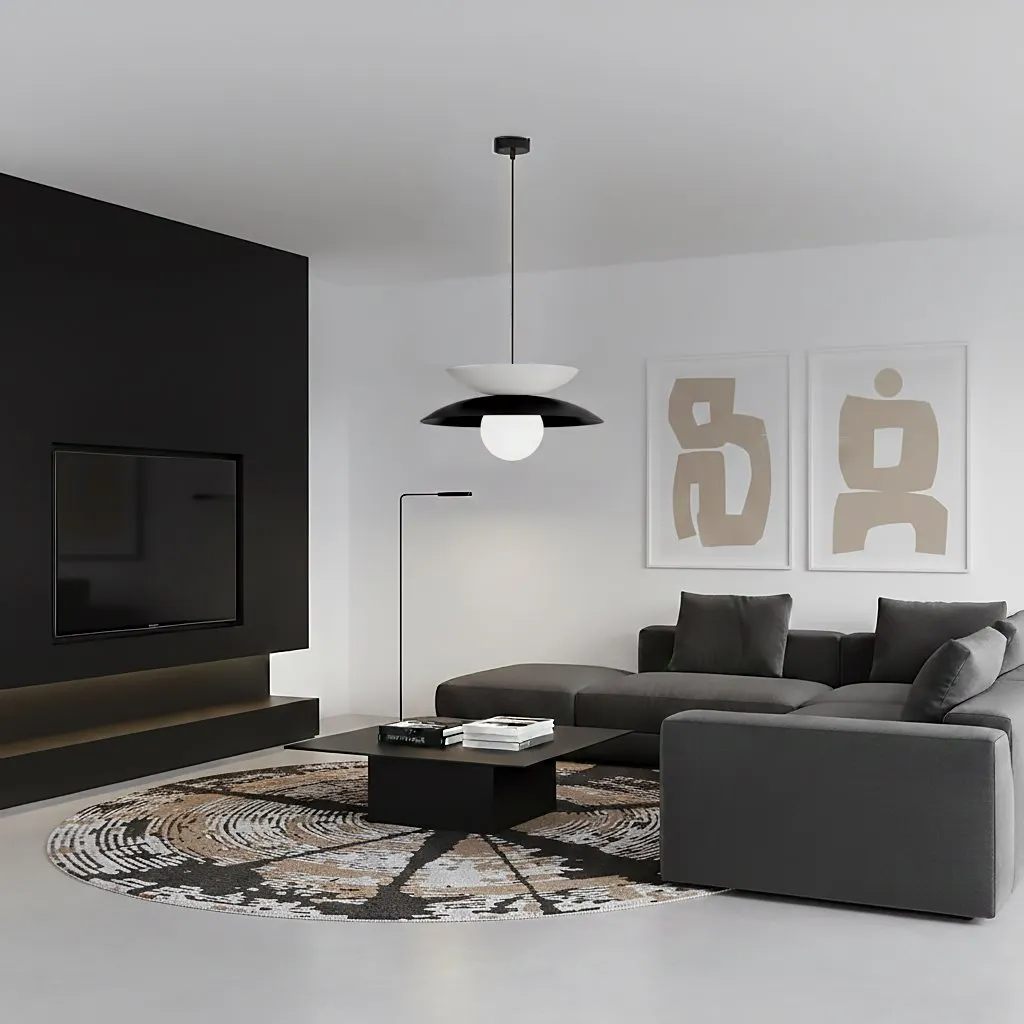 image salon, sofa, telewizor, dywan, grafiki