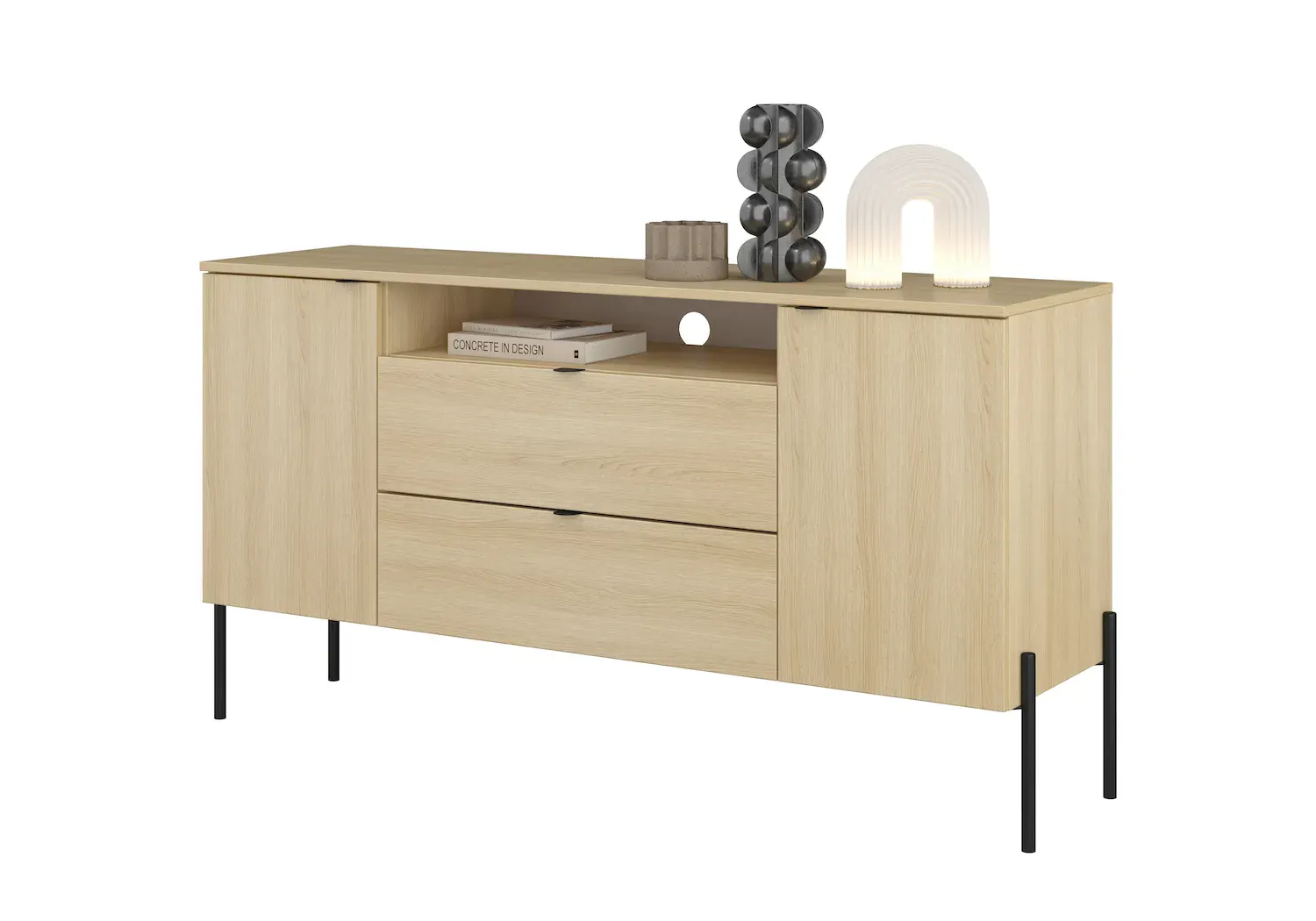 Komoda 2-drzwiowa z 2 szufladami i wnęką ORE 140 cm dąb lindberg czarne nóżki - 24LGOG26