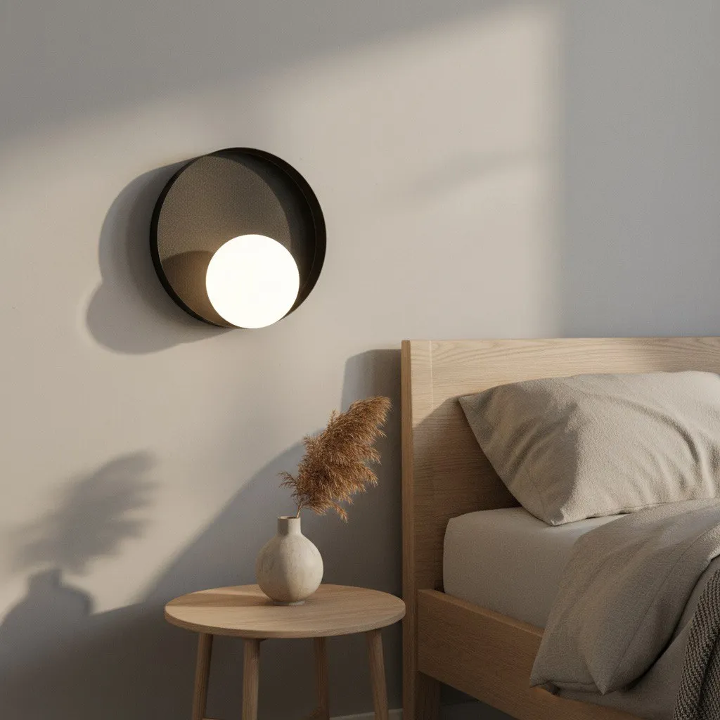 lampa ścienna, oświetlenie, kinkiet, drewniana półka, łóżko