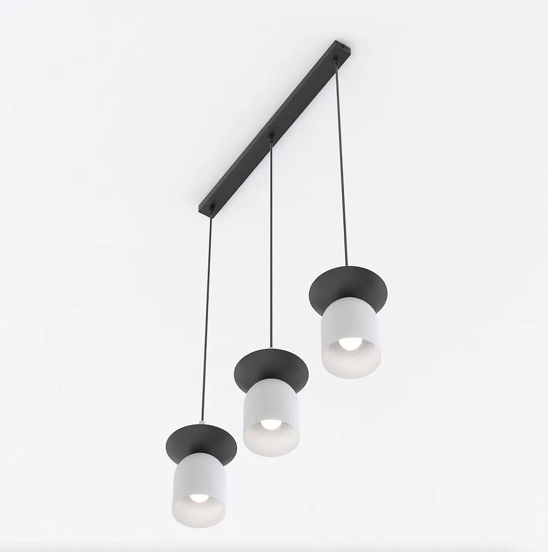 lampa wisząca, trzy sztuki, białe klosze, czarna belka, nowoczesny design
