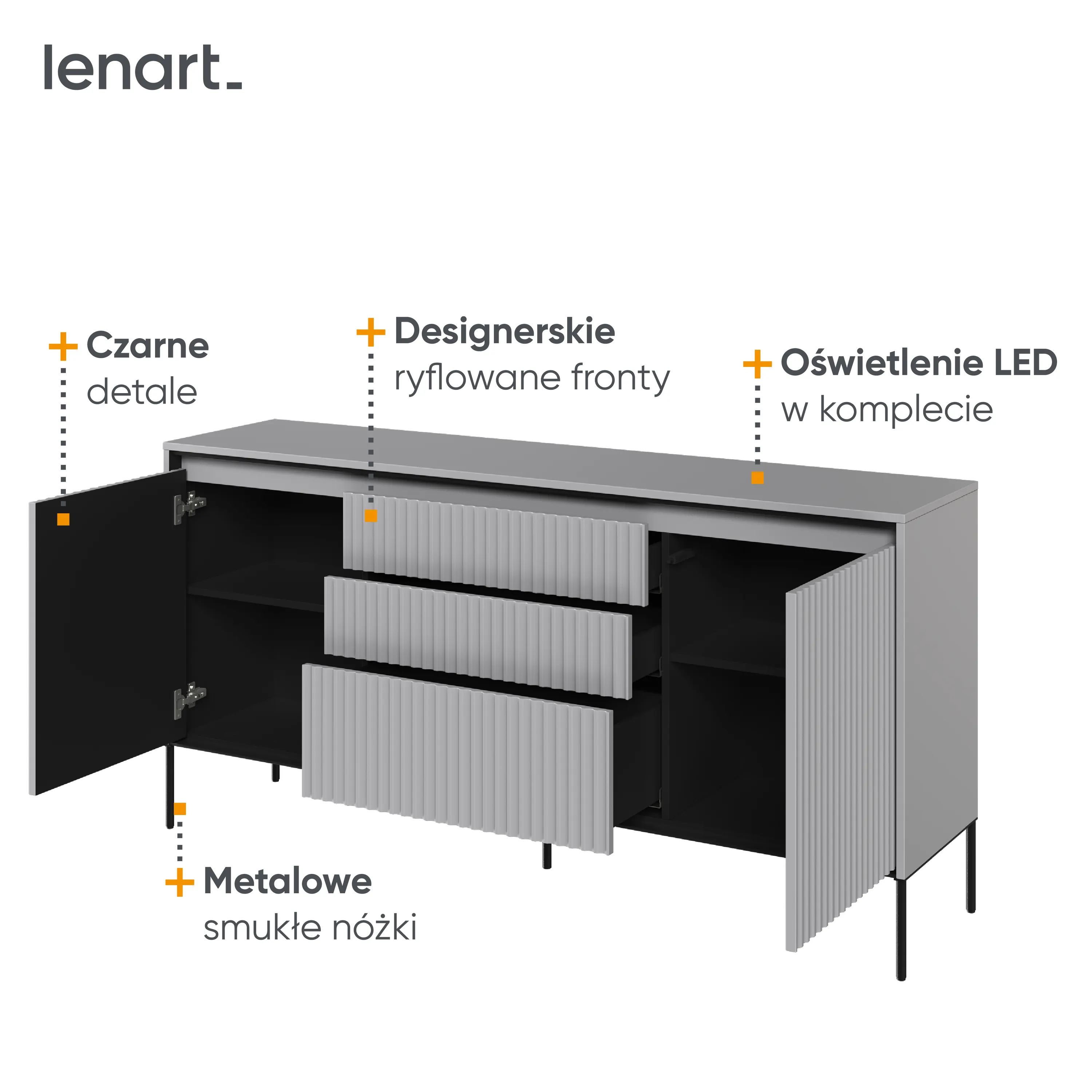 Komoda z oświetleniem TREND TR-01 2D3S ryflowana szary/czarny - TR1SC-V2
