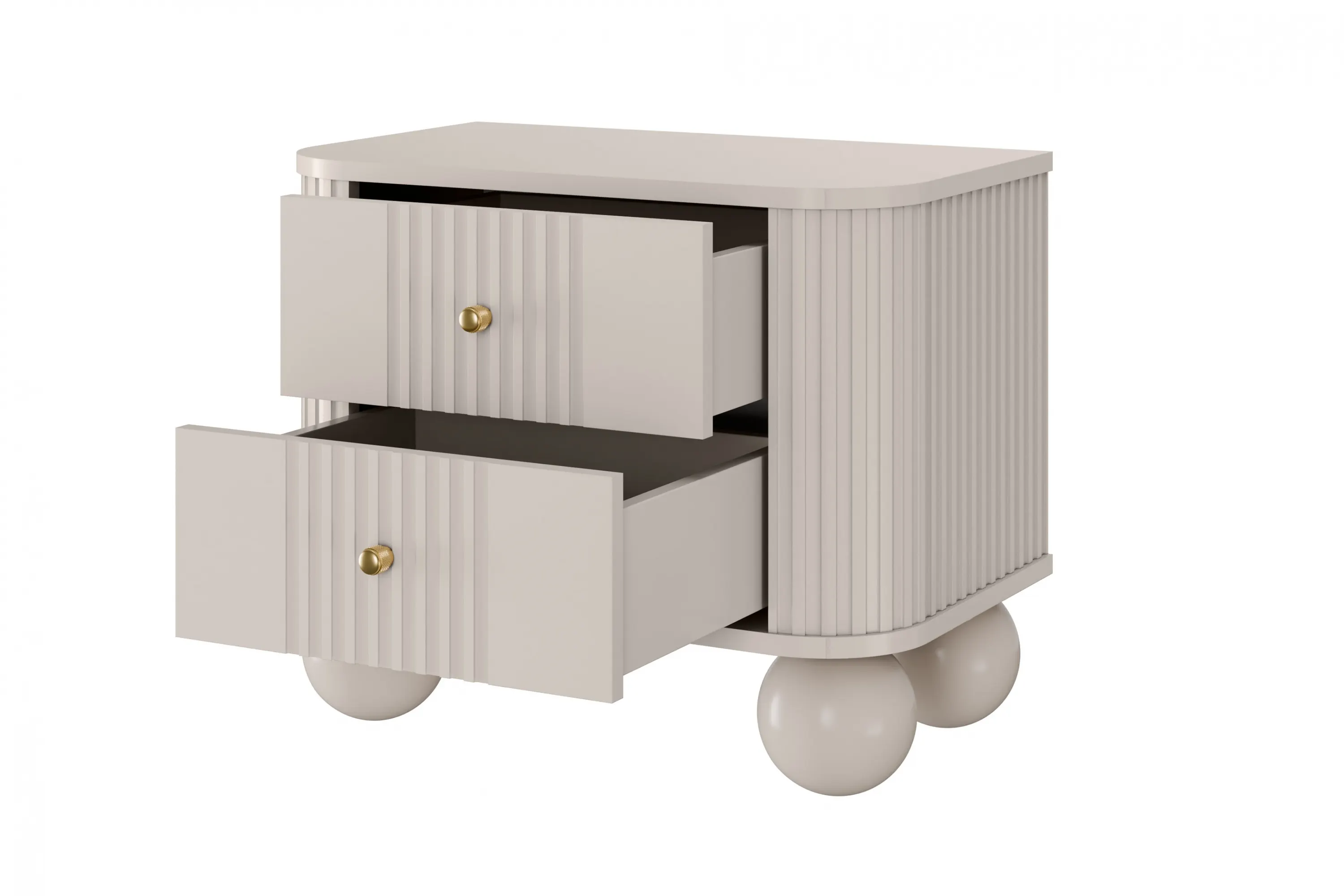 Szafka nocna z 2 szufladami VESPER 56 zestaw 2 sztuk ryflowany front cashmere złote uchwyty nogi kule - B_163828