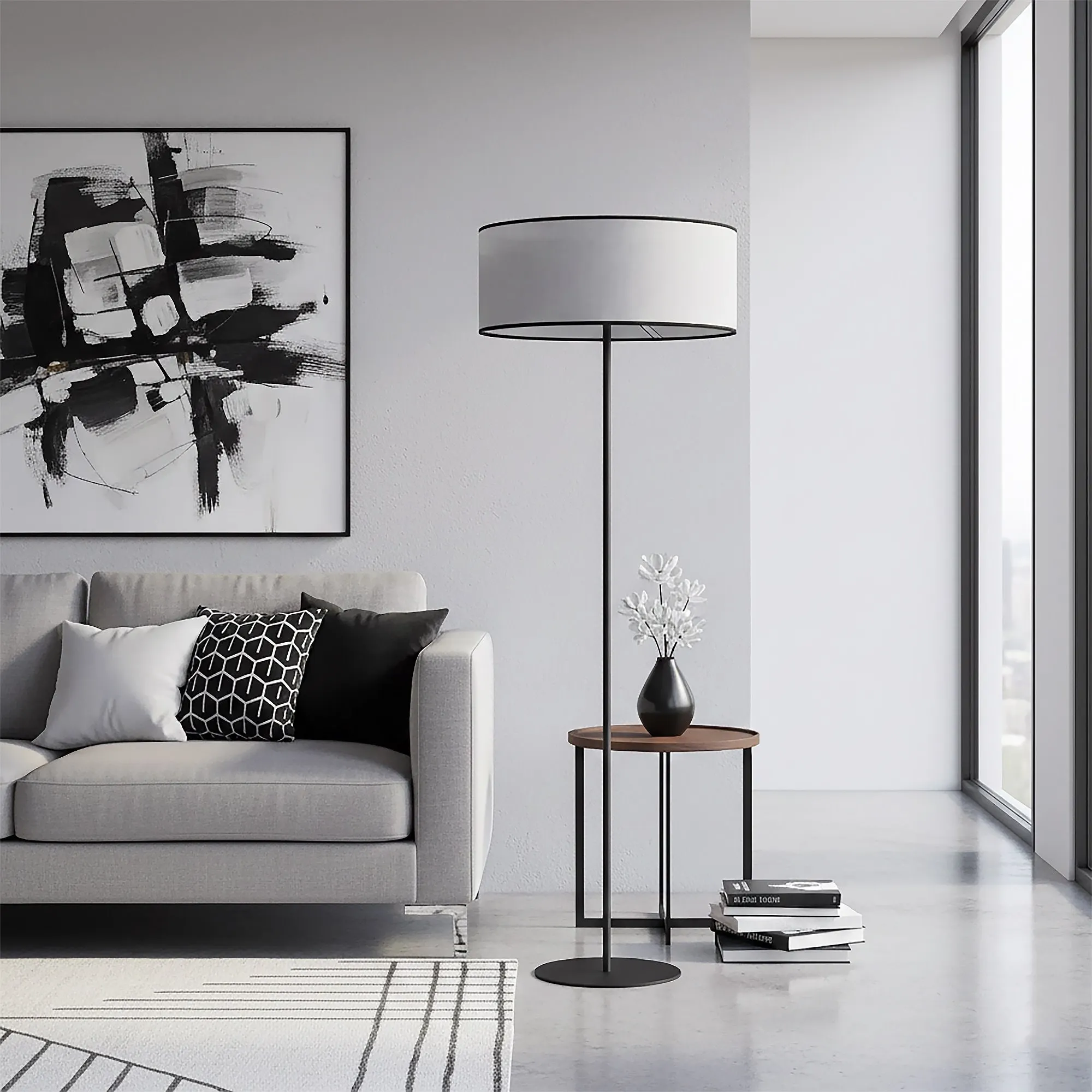 image sofa, living room, floor lamp, side table, abstract art