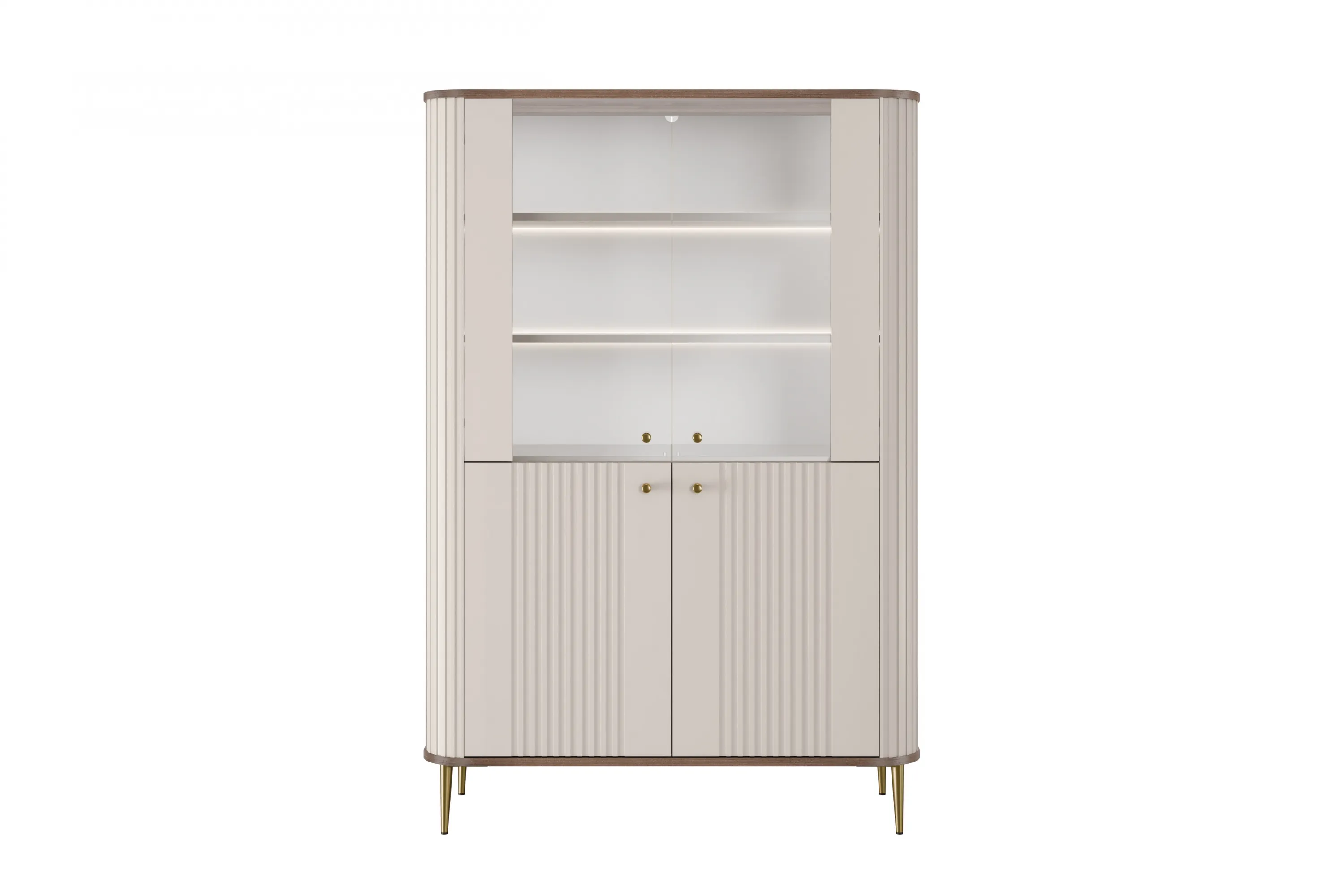 Witryna 4-drzwiowa z oświetleniem VESPER 103 ryflowany front cashmere orzech złote nogi - B_167223