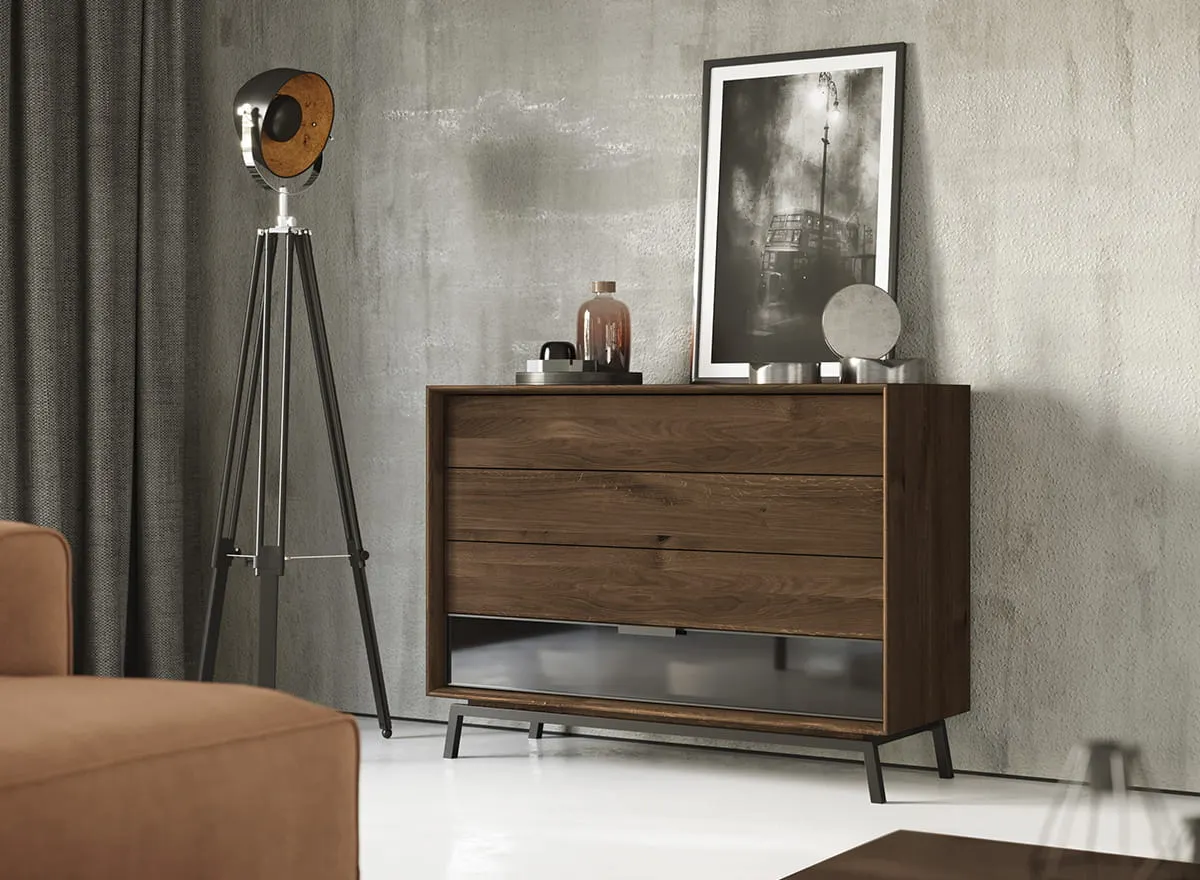 Komoda MODERN LOFT z 4 szufladami i przeszkleniem - tabacco - PLMOL04ST