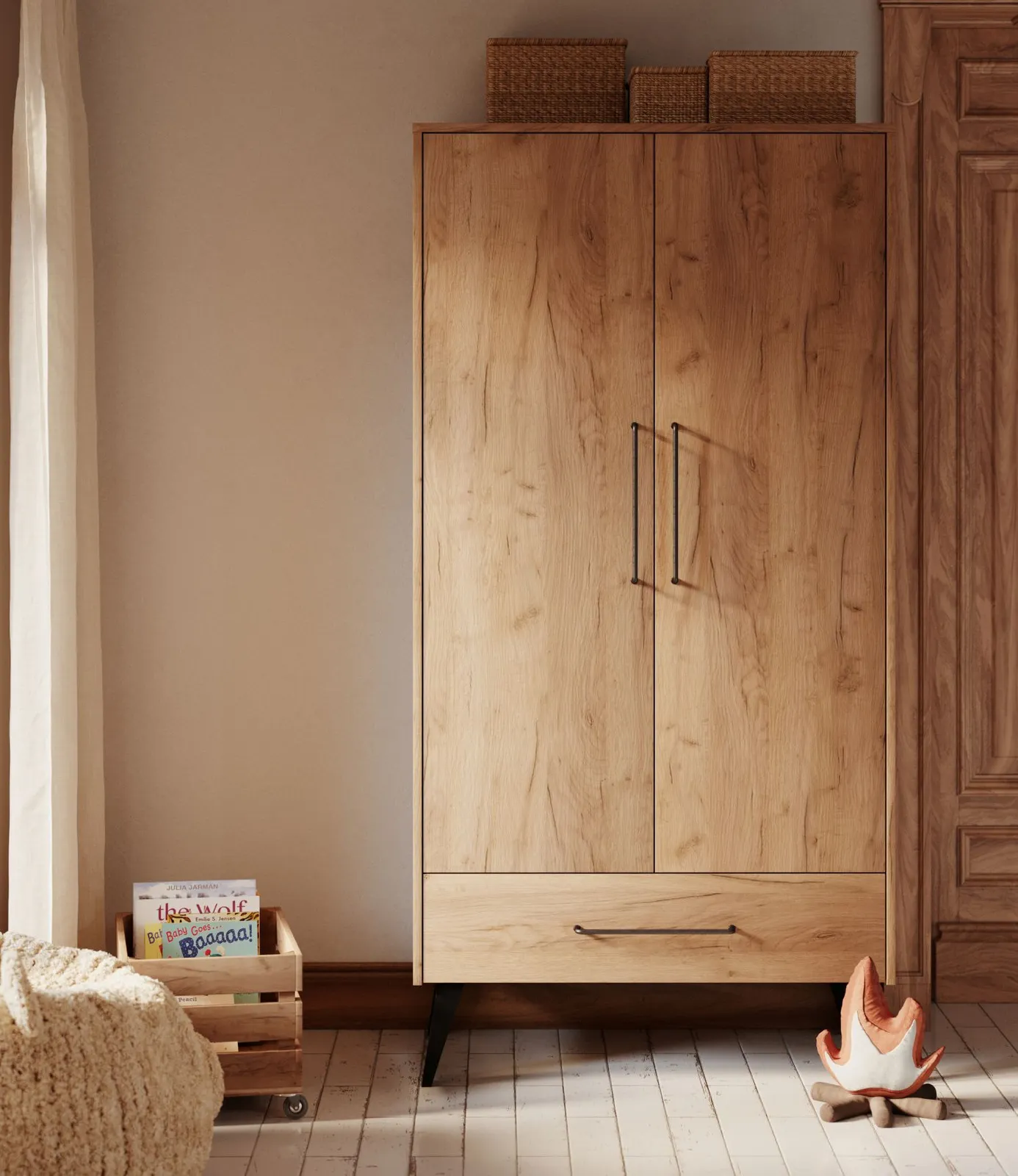 Szafa 2-drzwiowa z szufladą RETRO efekt drewno czarny - PIN_044-042-003