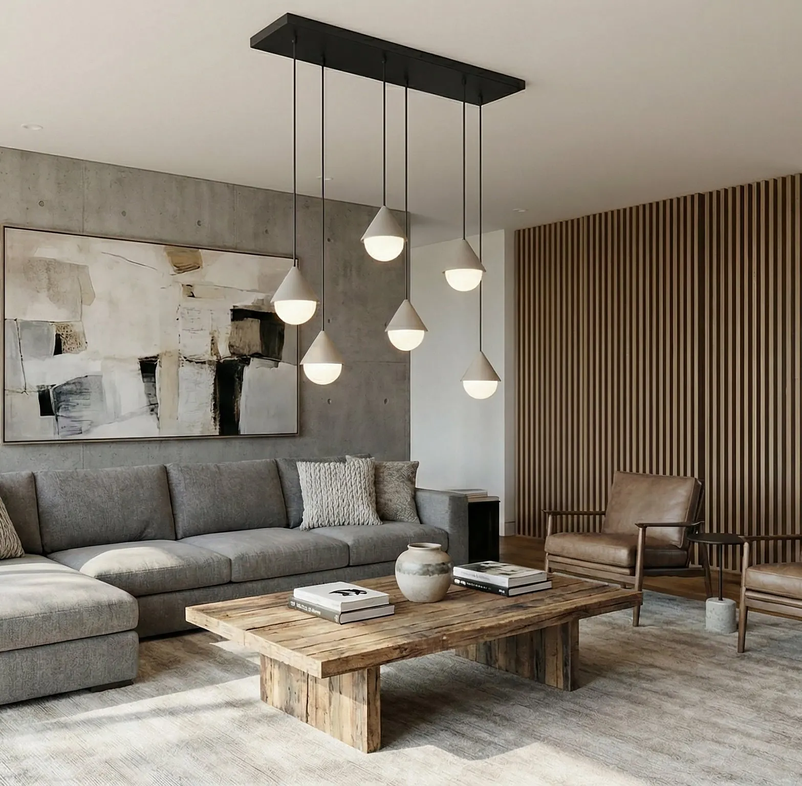 sofa, pokój dzienny, stolik kawowy, lampy wiszące, ściana z drewnianymi listwami