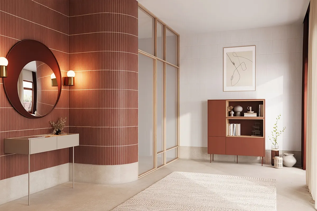 Komoda wysoka DESIN 120 z szufladą - ceramiczny czerwony - dąb nagano
