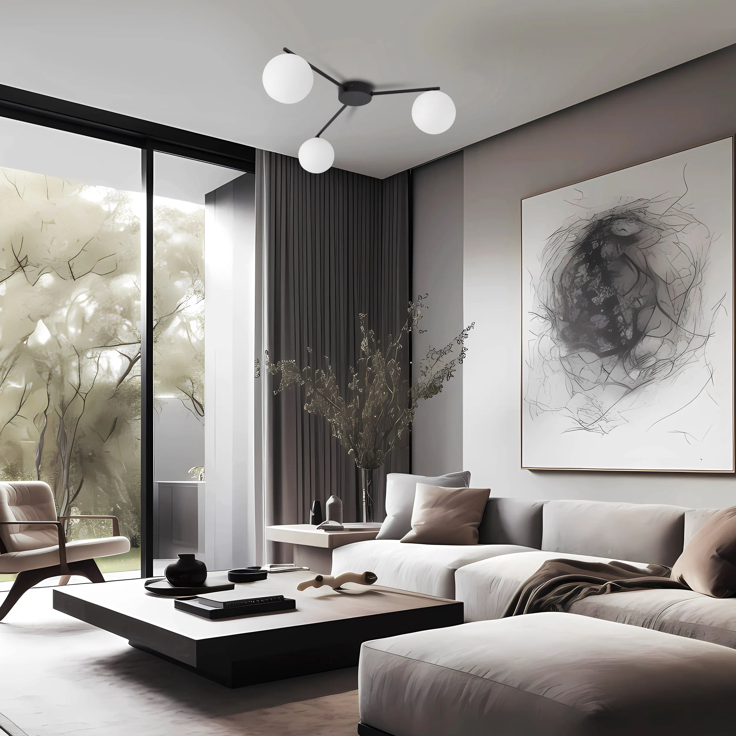 Lampa sufitowa ELTON czarna z białymi okrągłymi szklanymi kloszami 56x61x15cm - TK_10261