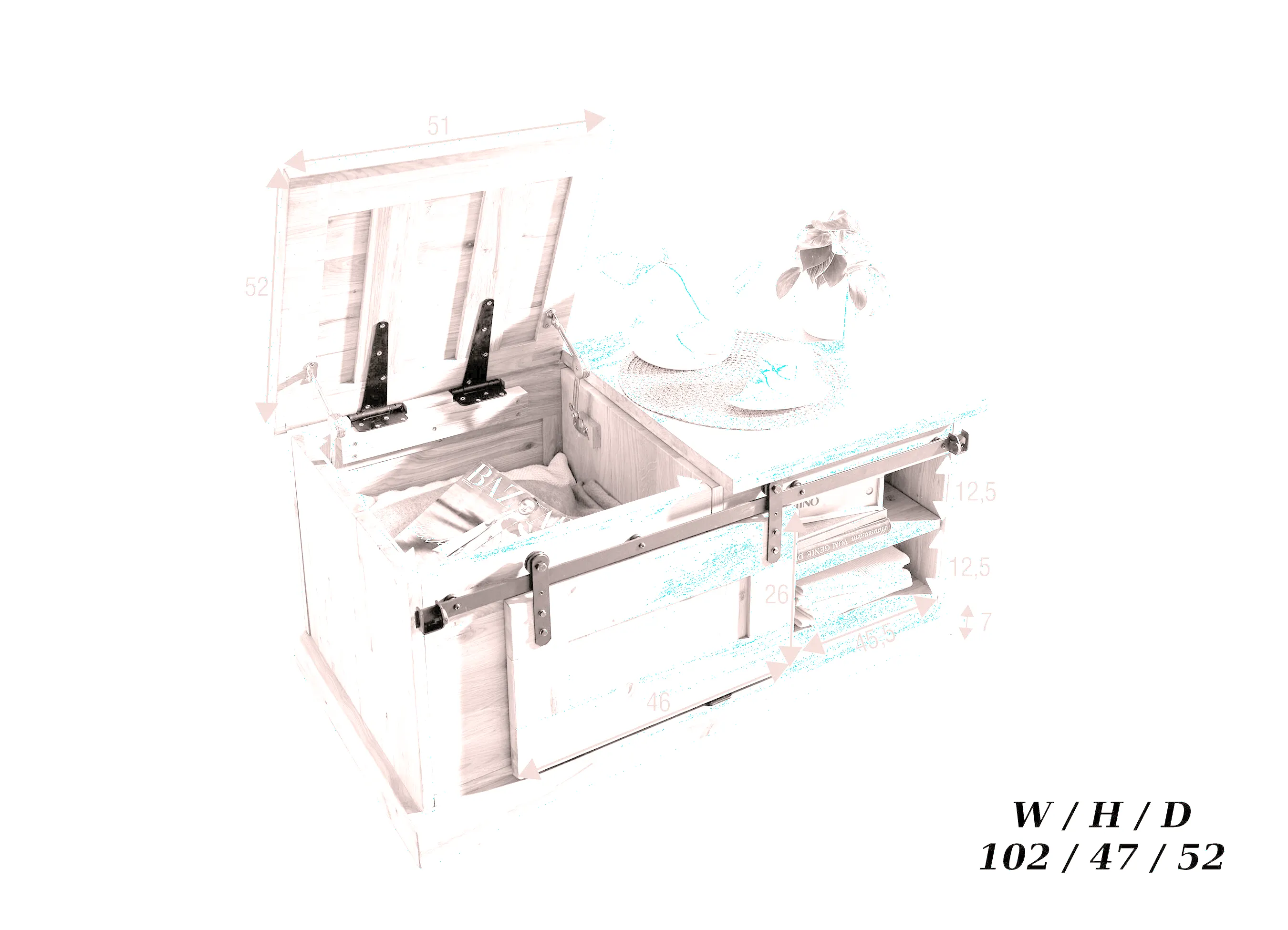 Stolik dębowy drewniany TIDY 102x47 z szafką i schowkiem dąb olejowany - GK_1034240601