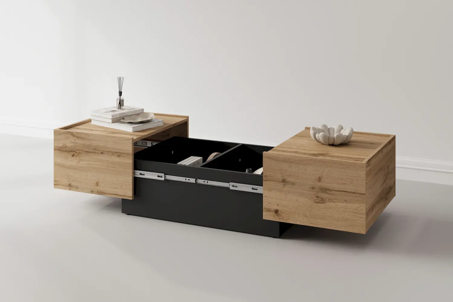 Stolik kawowy rozsuwany EKO 96 ze schowkiem dab wotan czarny - 24N6MJ96